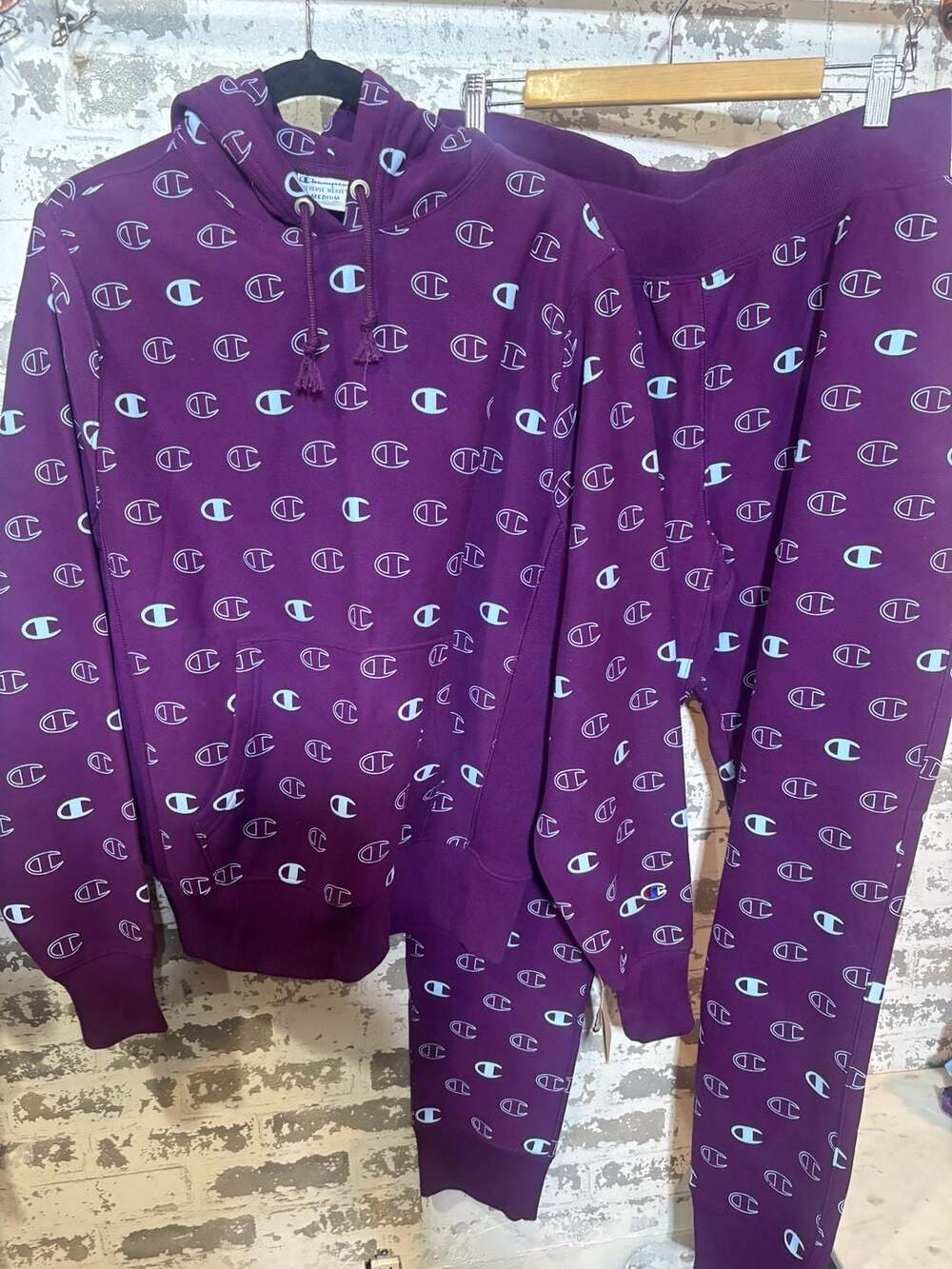 NWT Champion Reverse Weave All Over Logo Hoodie and Sweatpants Set Purple